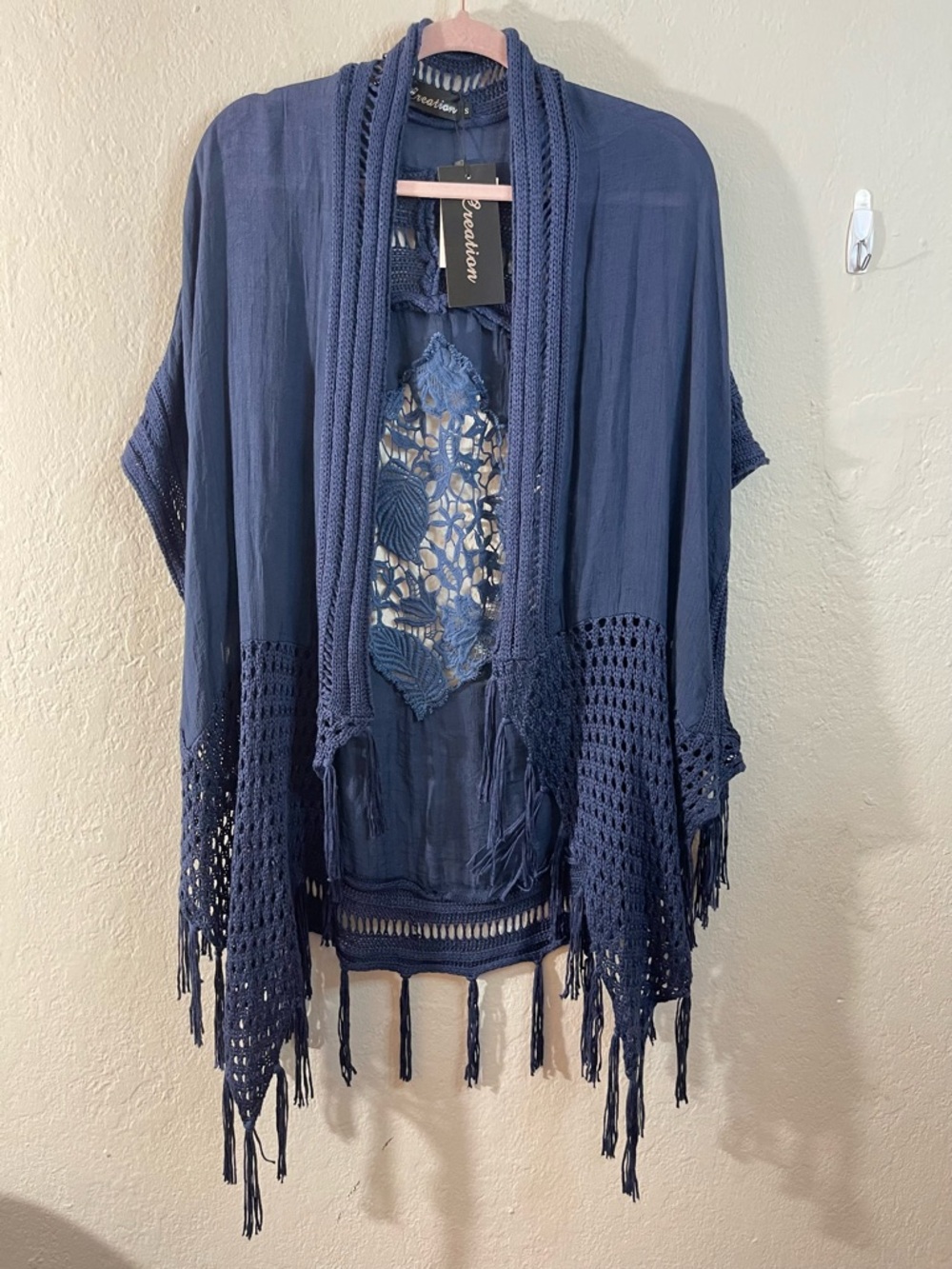 NWT Creation Navy Crochet Fringe Kimono Cardigan Women Size Small Bohemian